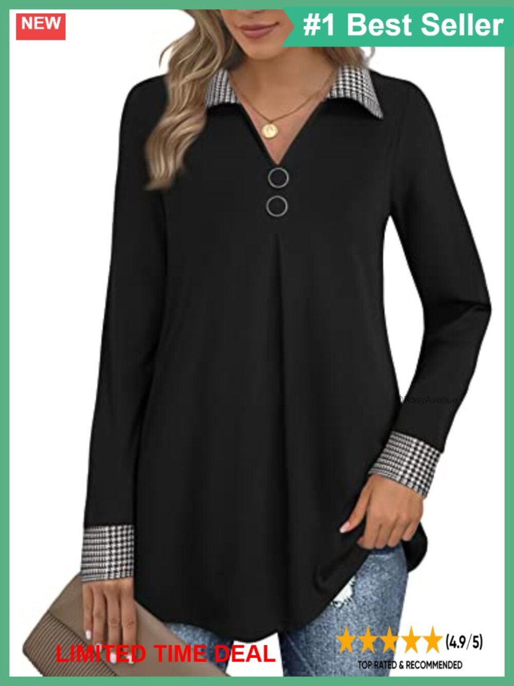 Womens Long Sleeve V Neck A-Line Tunic Blouse with Buttons Loose Fit